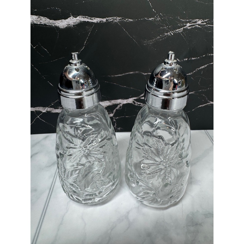Vintage Clear Pressed Glass Poinsettia Salt and Pepper Shakers Chrome Lids Set